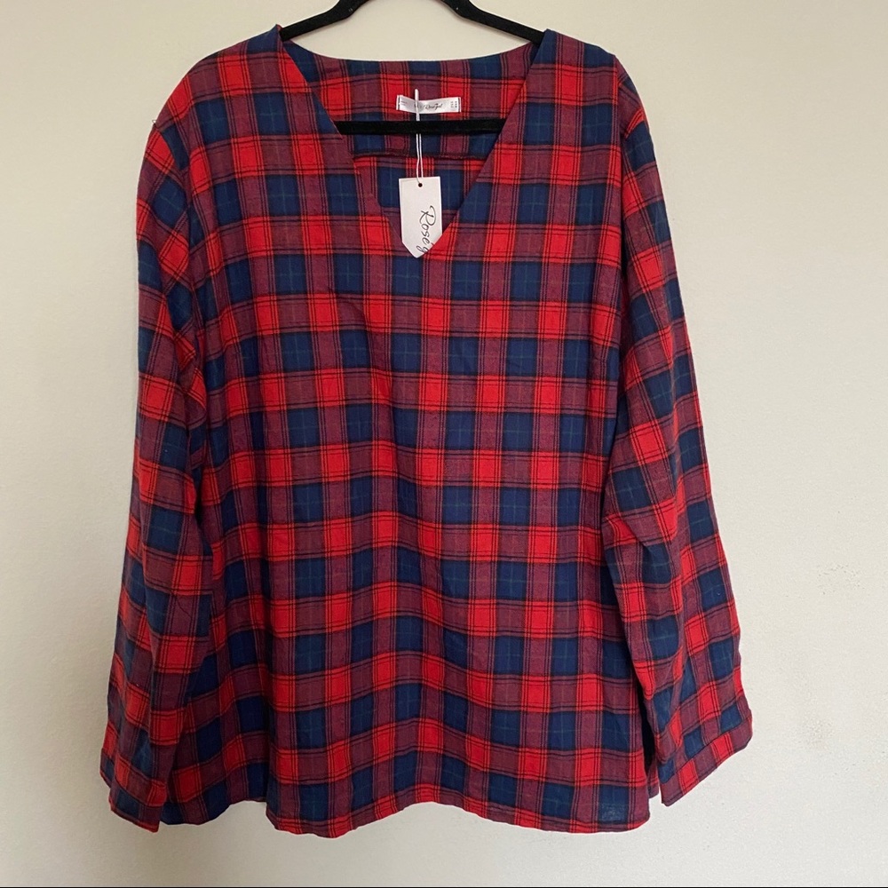 Womens Red/Blue Plaid Long Sleeve Top